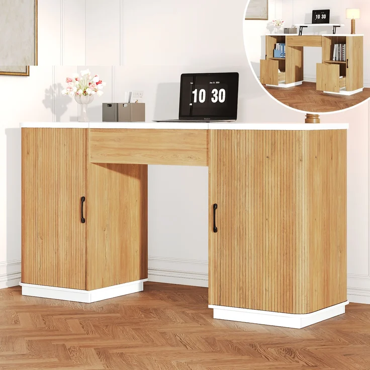 ZUBALIYA Höhenverstellbarer Schreibtisch, 140 × 50 cm, mit großzügigem Stauraum, ausgestattet mit 2 Schubladen und 2 offenen Fächern, Computertisch, Schminktisch, weiß/Eichenoptik, mit Streifenmuster – Bild 1