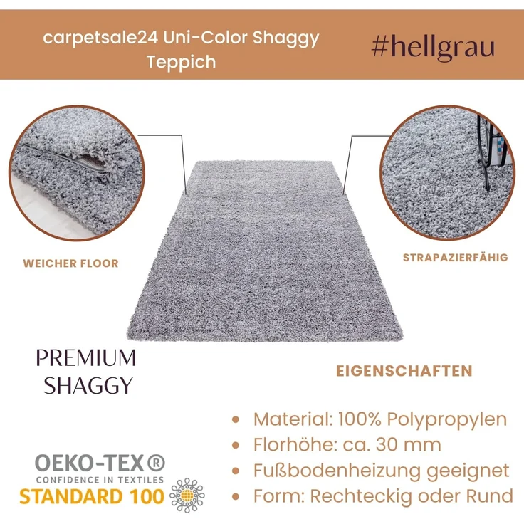 Carpetsale24 Shaggy Hochflor Teppich Wohnzimmer 200 cm Rund Hellgrau - Modern Flauschiger Teppich Extra Weich, Pflegeleicht und Einfarbig - Ideal als Teppich für Schlafzimmer, Esszimmer und Küche – Bild 2
