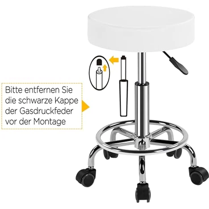 Yaheetech Rollhocker Höhenverstellbar 50,5–65 cm Sitzhöhe Drehhocker 360° Drehbar Bürohocker bis 120 kg Arbeitshocker mit Rollen Hocker Weiß – Bild 7