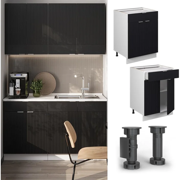 Küchenunterschrank Fame-Line Schwarz gestreift 60 cm mit Schublade, ohne Arbeitsplatte Vicco – Bild 4