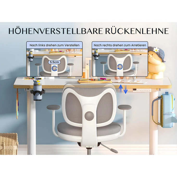 FLEXISPOT Schreibtisch Kinderschreibtisch Höhenverstellbar (16mm Abgerundete Tischecken, LED-Display & 3 Speichertaste), MIT 2xHaken& 1xBecherhalter, Kindertisch Stuhl Set – Bild 2