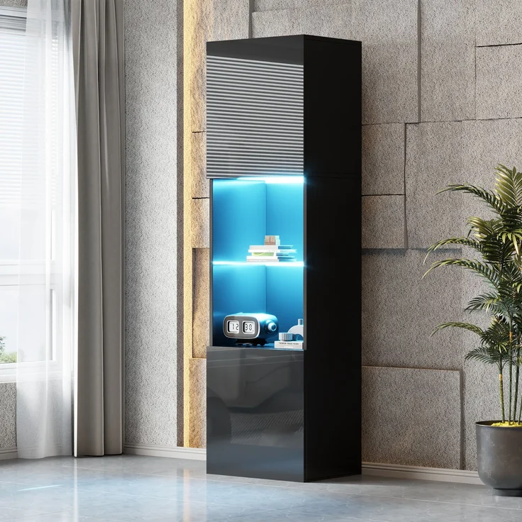 ZUBALIYA Vitrine (45 x 35 x 160 cm), LED - Beleuchtung, Hochglanzoptik, Aufbewahrung für Sammlerstücke, Geschirr und Dekoration, Schwarz – Bild 2