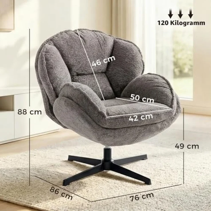 HOMCOM Relaxsessel Polstersessel bequem für Wohnzimmer, Schlafzimmer, Grau (Sessel, 1-St, Loungesessel), Wingback, 360° Drehung, Samt – Bild 3