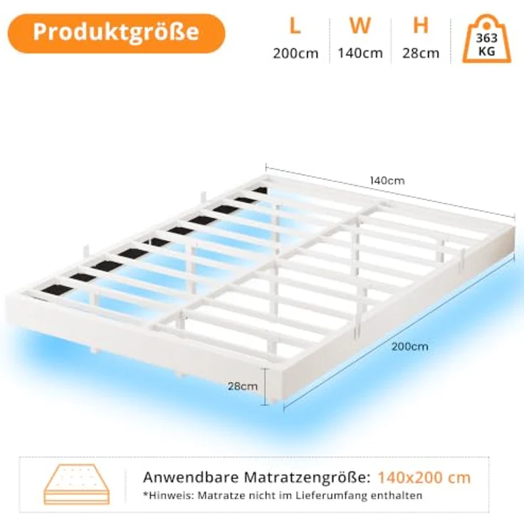 IRONCK Bettgestell 140x200 cm, Schwebender Bett mit LED Beleuchtung, Gepolsterte Seitenwände, 2 AC-Steckdosen, 2 USB-A-Anschluss, 1 USB-C-Anschluss, Metallbett mit Lattenrost Doppelbett, Weiß – Bild 7