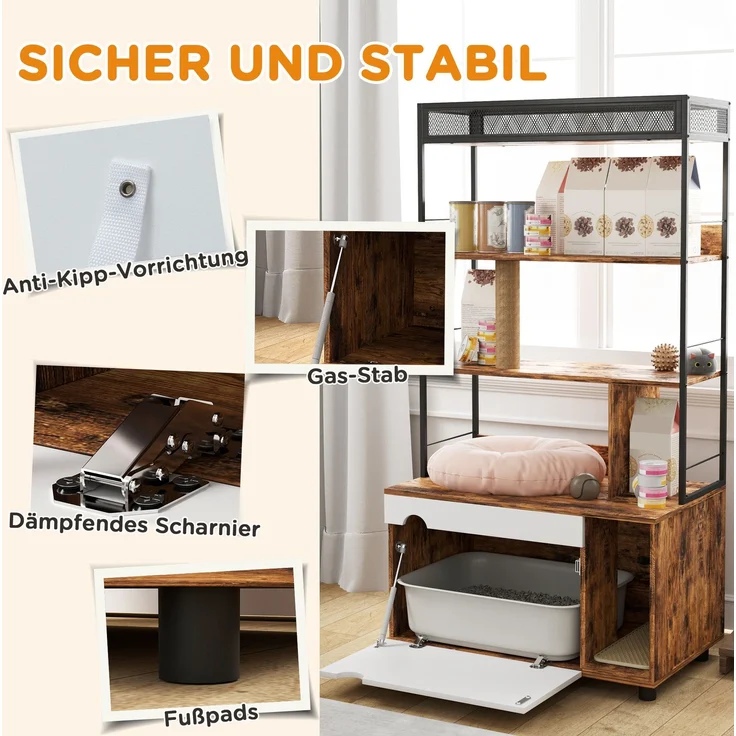 Katzentoilette mit 3-Ebenen-Regal und Kratzpfosten, Geschlossenes Katzenklo, 80 x 48 x 152 cm, Braun--Rustikal-Braun--152x48x80cm--YOUDENOVA – Bild 8