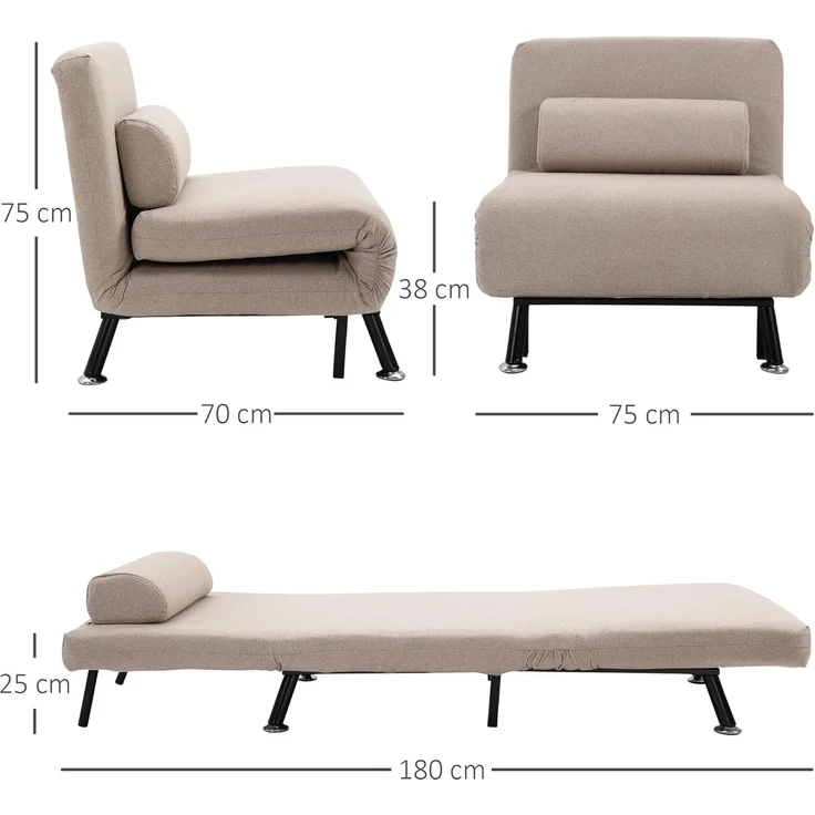 HOMCOM Sessel mit Bettfunktion, Rückenkissen (Klappbett mit Bettfunktion, 1-St, Schlafsessel), für Schlafzimmer, Beige, 75cm x 70cm x 75cm – Bild 3