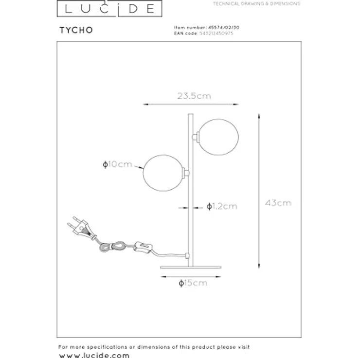 Lucide Tycho 45574/02/30, Retro Nachttischlampe aus Stahl und Echtglas mit zwei Lichtpunkten in unterschiedlichen Höhen – Bild 8