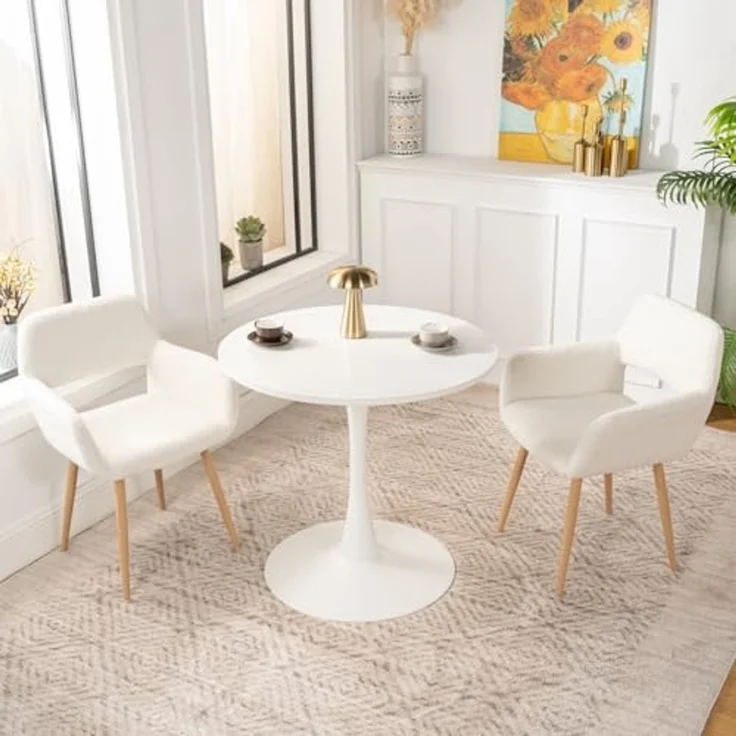 MEUBLE COSY Esstisch mit 2 Esszimmerstühle, Essgruppen, 3er-Set, Runder Esstisch, Küchentisch mit 2 Essstühlen, Stahlgestell, für Esszimmer Küche Wohnzimmer, Weiß + Beige – Bild 2