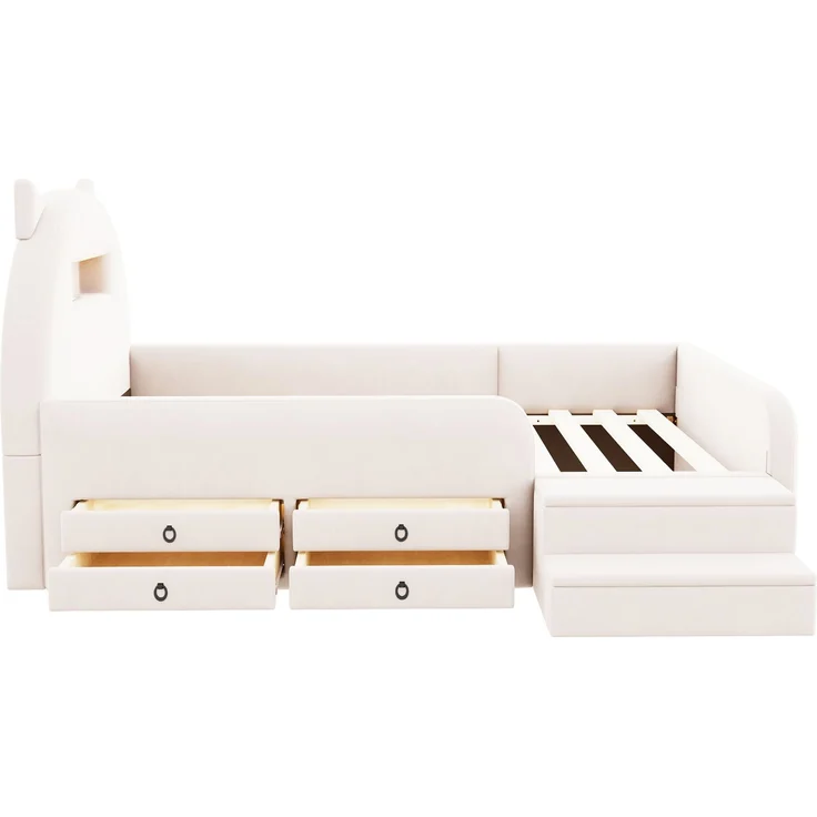 LVHOM Kinderbett 90x200cm mit Rausfallschutz, Polsterbett mit Nachtlicht, USB, Schubladen und Stufenbank, Samt, Beige – Bild 8