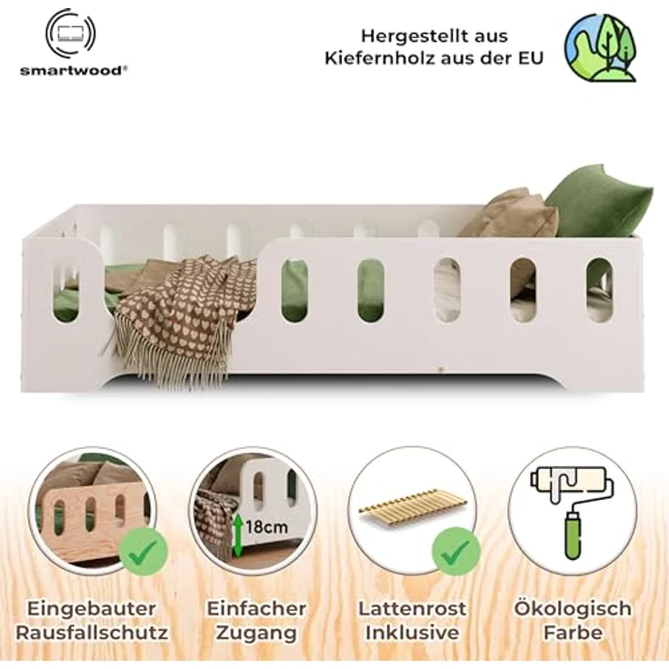 smartwood Kinderbett Bodenbett 90x200 mit Rausfallschutz & Lattenrost - Weiß - Kinder Montessori Bett TILA 2L mit glatten Kanten - Betten für schnelle Montage - Bis 230 kg belastbar – Bild 4
