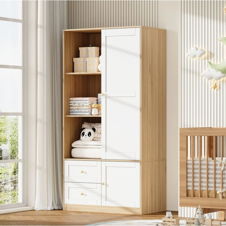 CHICFURN Kleiderschrank 90x180x50 cm aus MDF mit Schiebetür und 2 Schubladen – Naturholzoptik/Weiß – Bild 1