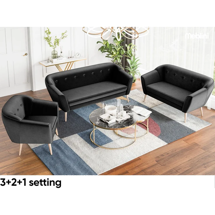 MEBLINI Mini Sofa Set 2-1 für Wohnzimmer - Mini Lounge für drei Personen - Küchensofa - Sofa Klein - Sitzgarnitur - Polstergarnitur - Sofagarnituren - DORIS - 2+1 - Schwarz Samt – Bild 6
