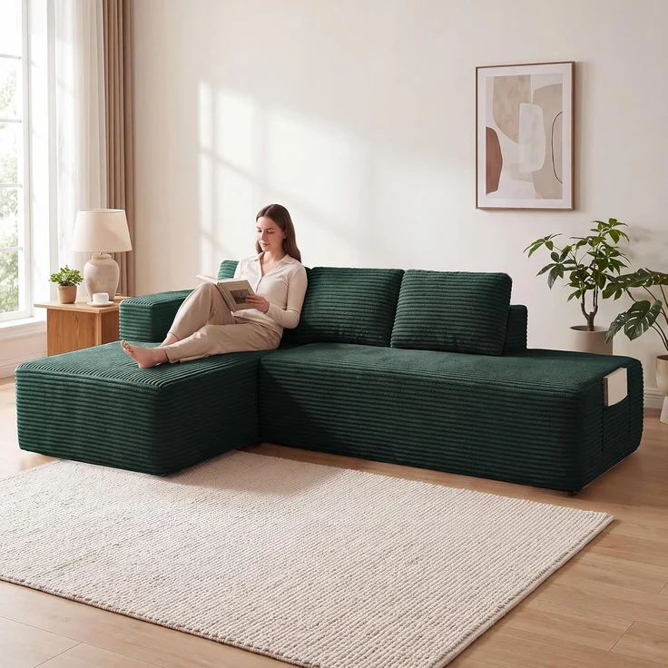 COMHOMA Ecksofa mit Schlaffunktion, 228cm Corduroy Modulares Boneless Couch mit Chaiselongue & Rücken-Metallgestell, L-Form Schlafsofa mit offenem Design, Kissen & Seitentaschen,für Wohnzimmer, Grün-R – Bild 5