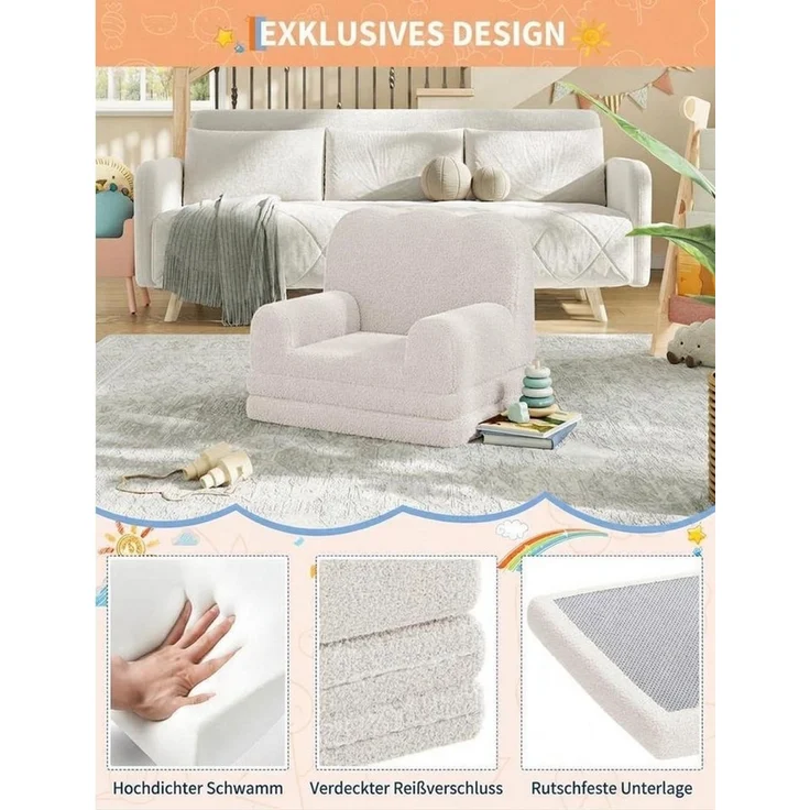 GarveeMore Kindersofa 2-in-1 Schlafsofa Sofabett Klappsofa für Kinder aus Teddystoff – Bild 4