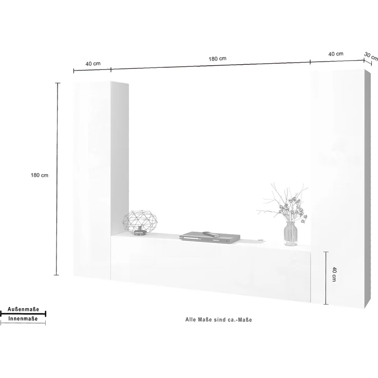 Wohnwand >Benevent< (3-teilig) in Weiß Hochglanz - 260x180x30 (BxHxT) – Bild 5