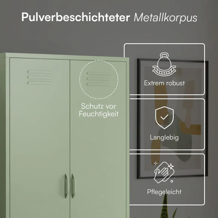 skølm 'Atria' Kleiderschrank, Metall, 170x45x80 cm, grün, Garderobe mit 4 Fächern und 2 Kleiderstangen – Bild 4