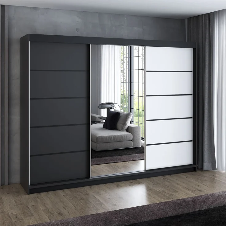 A&J MöbelLand 'Viluno 2' Schwebetürenschrank mit 4 Schubladen und Spiegel, Spanplatte, 215 x 59,5 x 200 cm, Schwarz / Weiß / Schwarz – Bild 2