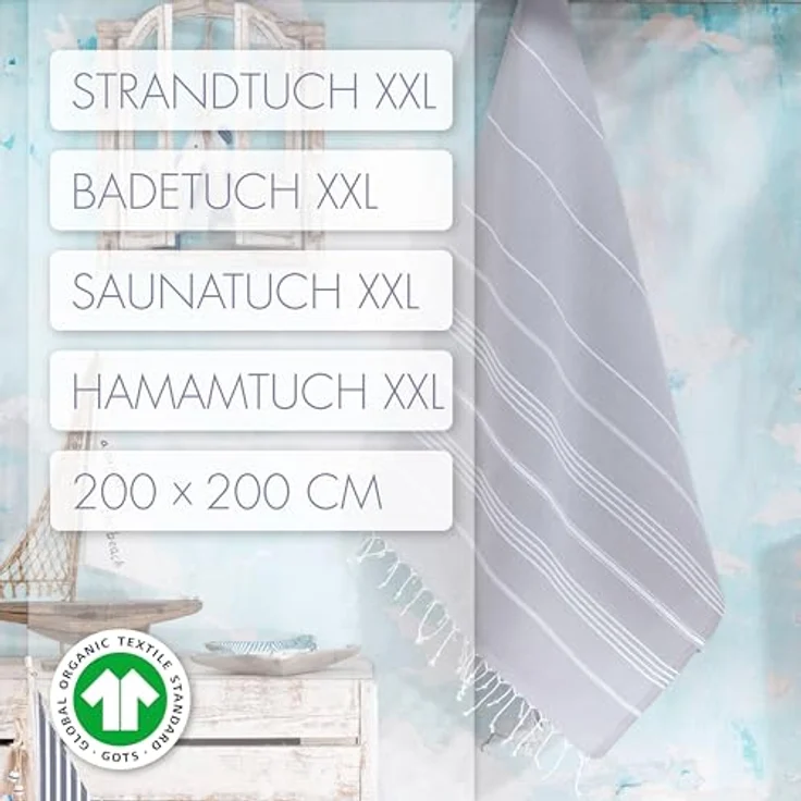 LeStoff Premium Hamamtuch - 100% Bio-Baumwolle - Vorgewaschen, Nachhaltig, Saugstark & Schnelltrocknend - Strand, Bade, Dusch, Yoga, Spa & Reise-Tuch (200x200 cm Grey) – Bild 3