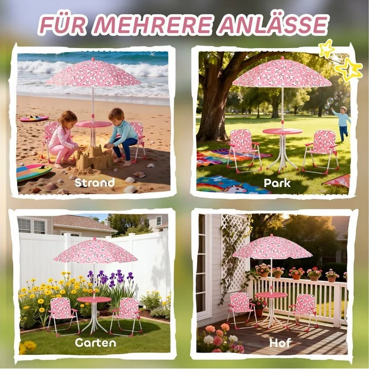 AIYAPLAY Garten-Kindersitzgruppe mit abnehmbarem Sonnenschirm, (Kindertisch mit 2 Klappstühlen, 4-tlg, Kindersitzgarnitur), für Kinder 2-5 Jahre, für Garten, Hinterhof, Terrasse – Bild 4
