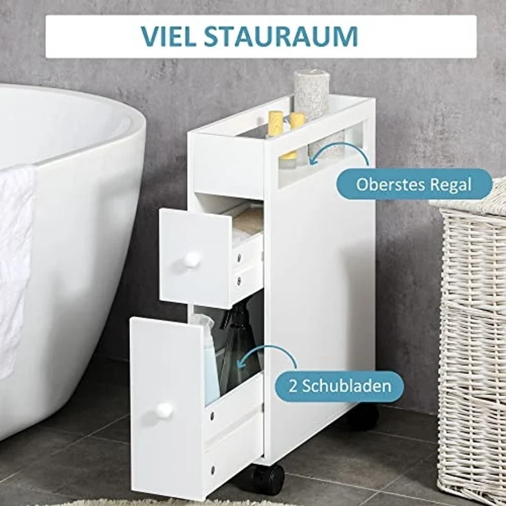 kleankin Badezimmerschrank mit Rollen, Nischenschrank mit 2 Schubladen, Badschrank mit offenem Fach, Badrollwagen, für Bad, 16 x 49,5 x 66 cm, Weiß – Bild 4
