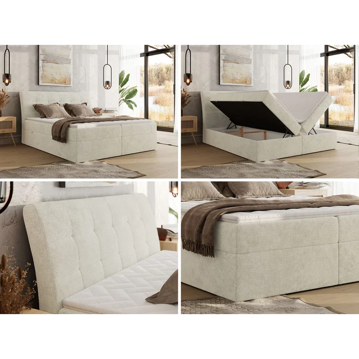 Boxspringbett DAGOS 200x200 cm mit Kopfteil, Lattenrost und Stauraum – Doppelbett mit Matratze & Topper Visco , stabile Konstruktion, Bettkasten, modernes Design - Creme Schenille grob gewebt - H3 – Bild 2
