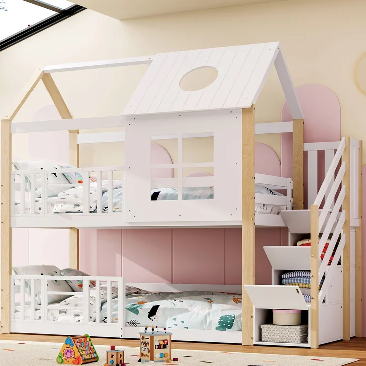 Etagenbett / Hausbett 90 × 200 cm – mit seitlicher Aufbewahrungstreppe, Dach mit Rundöffnung & Fenster, Weiß&Natur – Bild 2