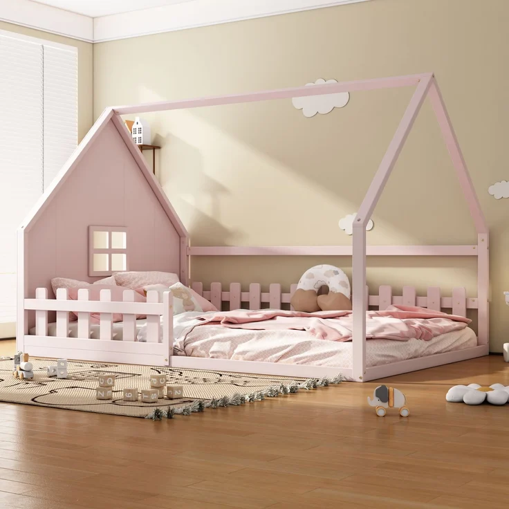 Bett 140x200 cm mit Hausleiste und Geländer aus Kiefer in Rosa – kindliches Design für kreative Schlafzimmer – Bild 4