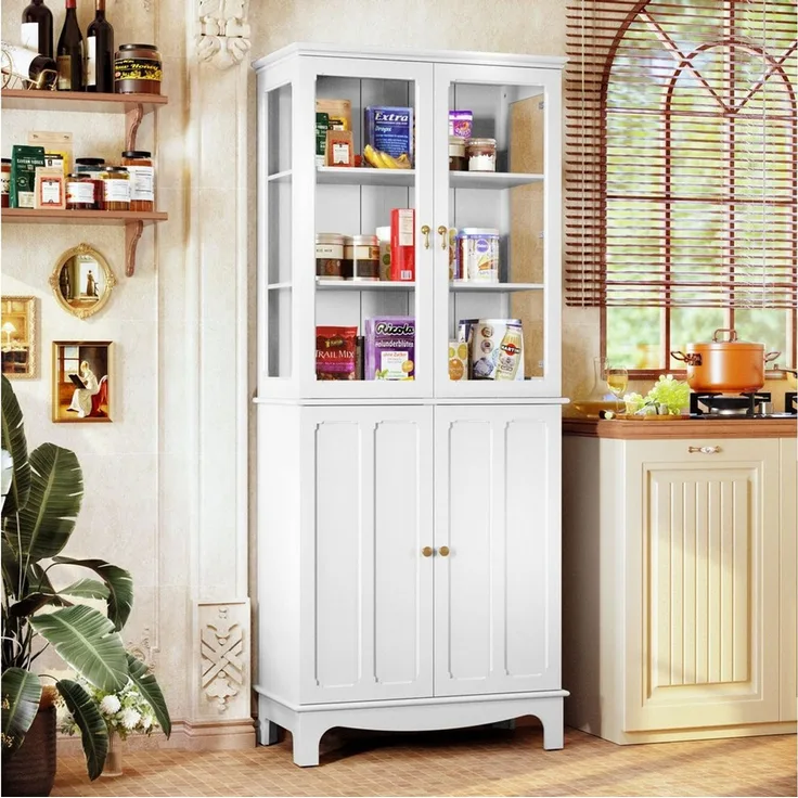HOLTICO Hochschrank Freistehender küchenschränke mit Glastür, Glasküchenschrank, 183 cm (1-St) klassischer hoher Schrank mit Glastür und verstellbaren Regalen
