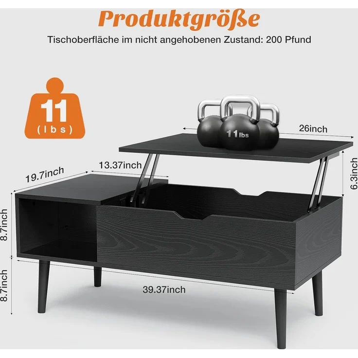 Sweetcrispy Couchtisch Höhenverstellbar, Tisch Wohnzimmertisch, offener und versteckter Stauraum Couchtisch, Sofatisch Beistelltisch, 100x50 cm Sofatisch aus Holz für Wohnzimmer, Schwarz – Bild 3