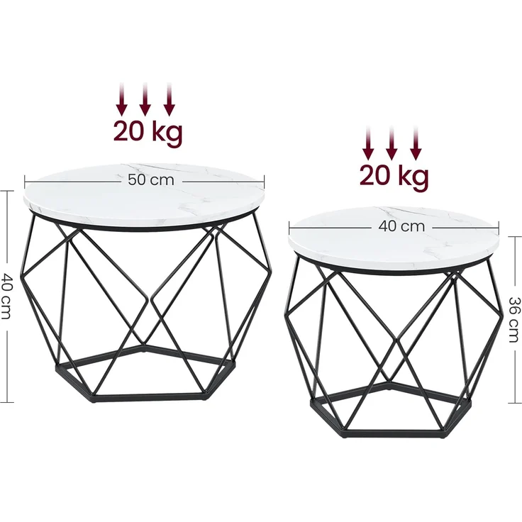 Vasagle Couchtisch rund, 2er Set, Wohnzimmertisch, Beistelltisch, modern, abnehmbare Tischplatte, für Wohnzimmer, weiß-schwarz – Bild 3