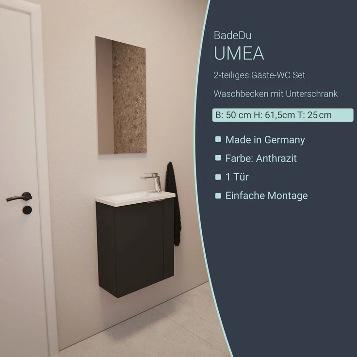 BADEDU UMEA Gäste WC Waschtisch Set 50 cm breit, Anthrazit, Waschbecken Gussmarmor Weiß – Bild 2