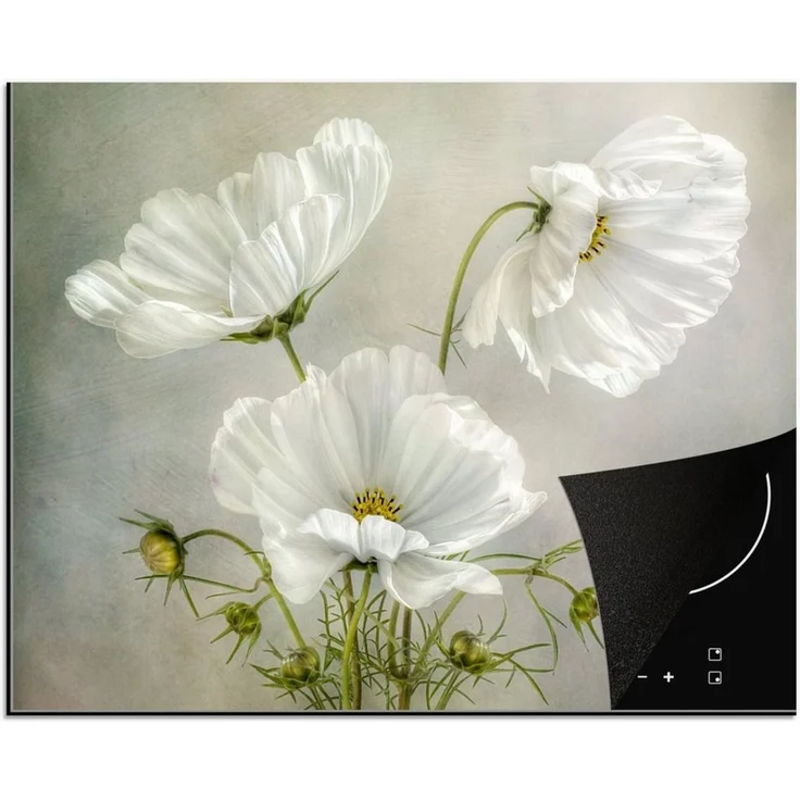 MuchoWow Herd-Abdeckplatte Blumen - Stillleben - Mohn - Weiß - Botanisch, Vinyl, (1 tlg), Ceranfeldabdeckung Küche, Herdabdeckplatte Einteilig, 60x52 cm – Bild 1