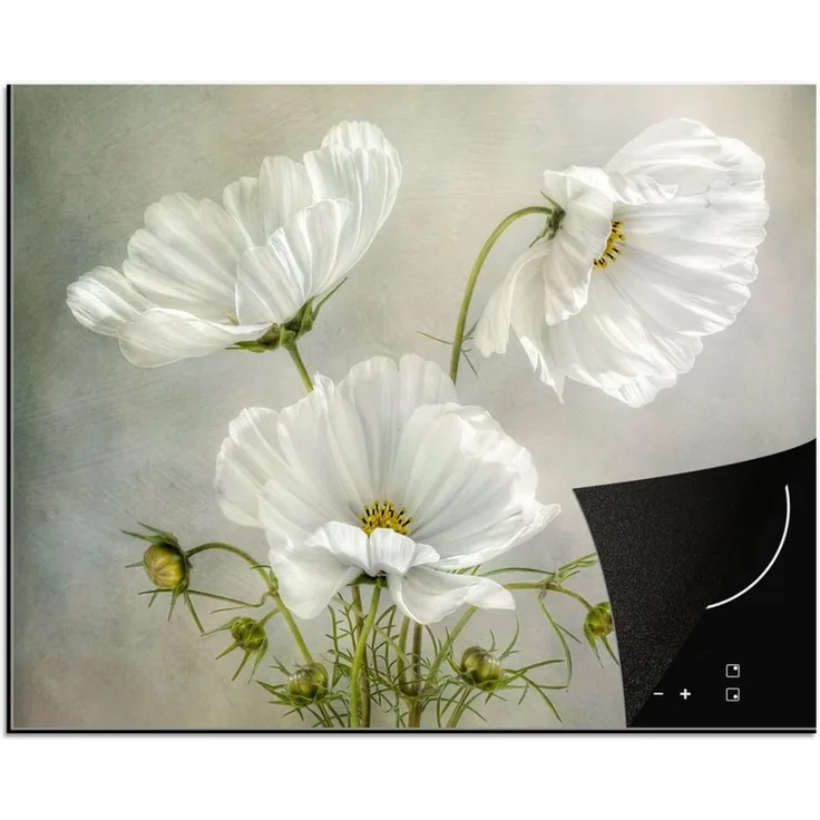 MuchoWow Herd-Abdeckplatte Blumen - Stillleben - Mohn - Weiß - Botanisch, Vinyl, (1 tlg), Ceranfeldabdeckung Küche, Herdabdeckplatte Einteilig, 60x52 cm