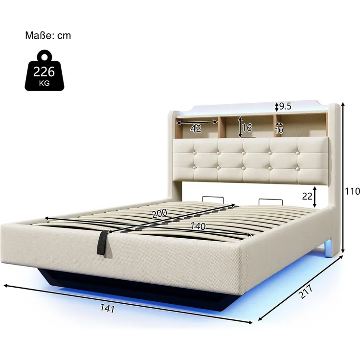 Polsterbett mit LED-Streifen und Stauraum, 140x200 cm, Kopfteil, USB/Type-C Anschlüsse, Doppelbett, Stauraumbett, Leinen – Bild 5