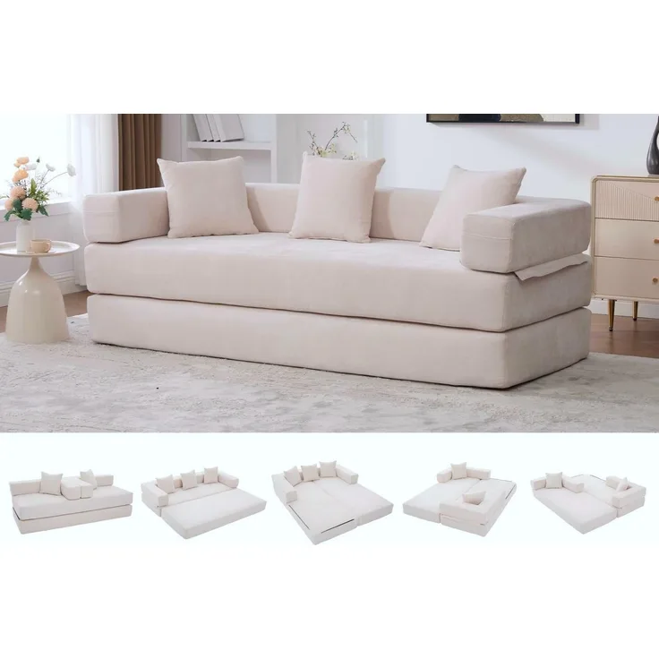 LVHOM Loungesofa 3 Sitzer Sofa mit Schlaffunktion, Formveränderung, mit Seitentaschen, Rutschfeste Unterseite, zwei Kissen verbunden mit Reißverschluss, modular frei kombinierbar (mit festen Armlehnen) für Sofa/Liege/Spielzentrum. Premium Chenille (sup...