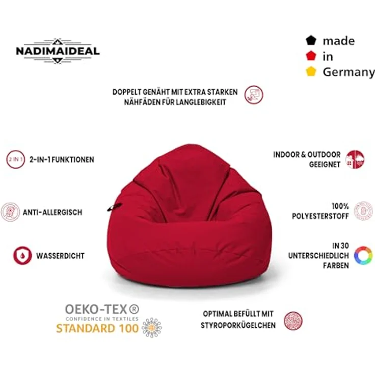 Nadimaideal Sitzsack Tropfenform Kastanie | Bodenkissen für Kinder & Erwachsene | Indoor & Outdoor | Gaming Sitzsack - Sitzkissen - Beanbag | Füllung EPS Perlen (Rot, XXL-Durchmesser 88 cm) – Bild 4