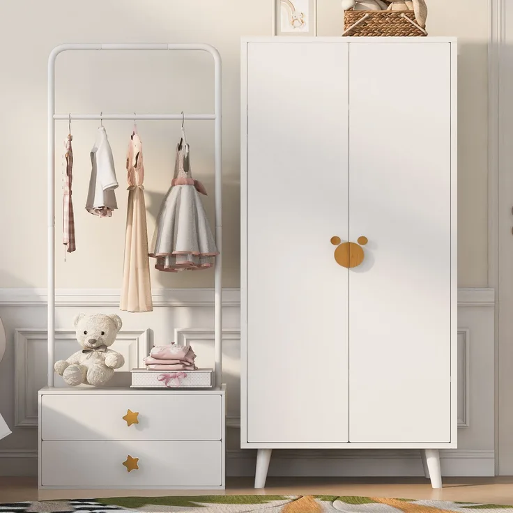 Kleiderschrank 140 x 55 x 170 cm mit Doppeltüren, Kleiderstange und Schubladen, Weiß und Holzfarbe