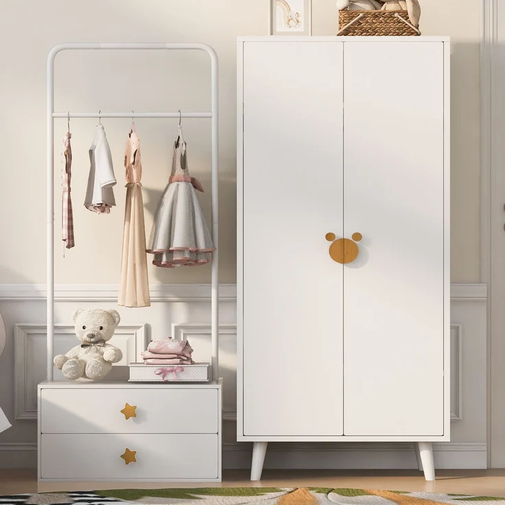 Kleiderschrank 140 x 55 x 170 cm mit Doppeltüren, Kleiderstange und Schubladen, Weiß und Holzfarbe – Bild 1