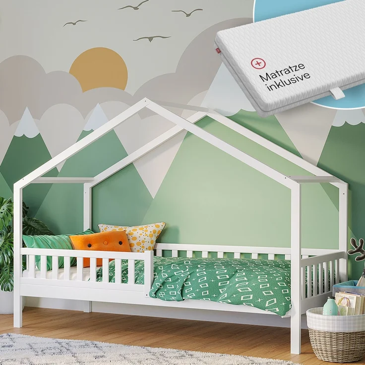 Bellabino 'Vils' Hausbett 90x200 cm mit Matratze, weiß, Kiefer Massivholz, Montessori Kinderbett mit Rausfallschutz und Lattenrost – Bild 1