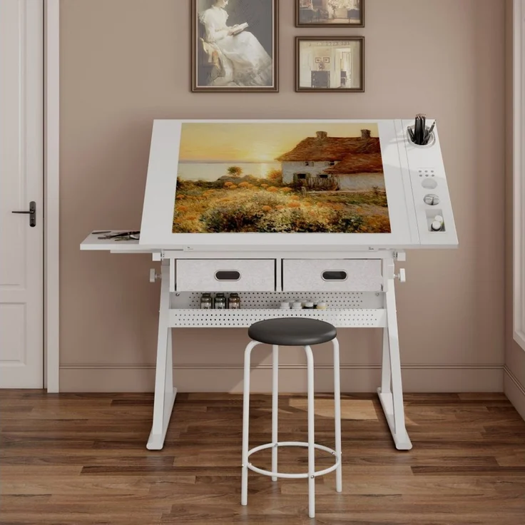 BBWL Zeichentisch mit 2 Schubladen MDF Holz Schreibtisch inkl Hocker, Zeichentisch höhenverstellbar für Home Office Schule – Bild 3