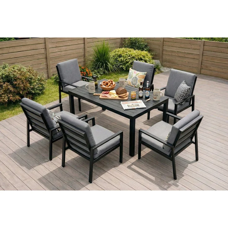 MeXo Gartenlounge-Set Lounge Gartenmöbelset Aluminium Wetterfest, (Garten Essgruppe für 6 Personen, 7-tlg, 6 Sessel, Esstisch 140x80x70 cm), 85 cm Rückenlehne, hoher Sitzkomfort – Bild 5