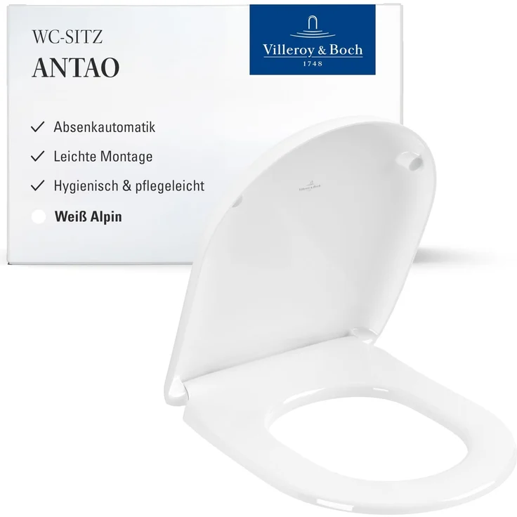 Villeroy & Boch Antao WC-Sitz - Toilettendeckel mit Absenkautomatik - Abnehmbarer, bruchsicherer Toilettensitz aus Duroplast - Original Ersatzteil - Klodeckel in D-Form - Weiß Alpin, glänzend