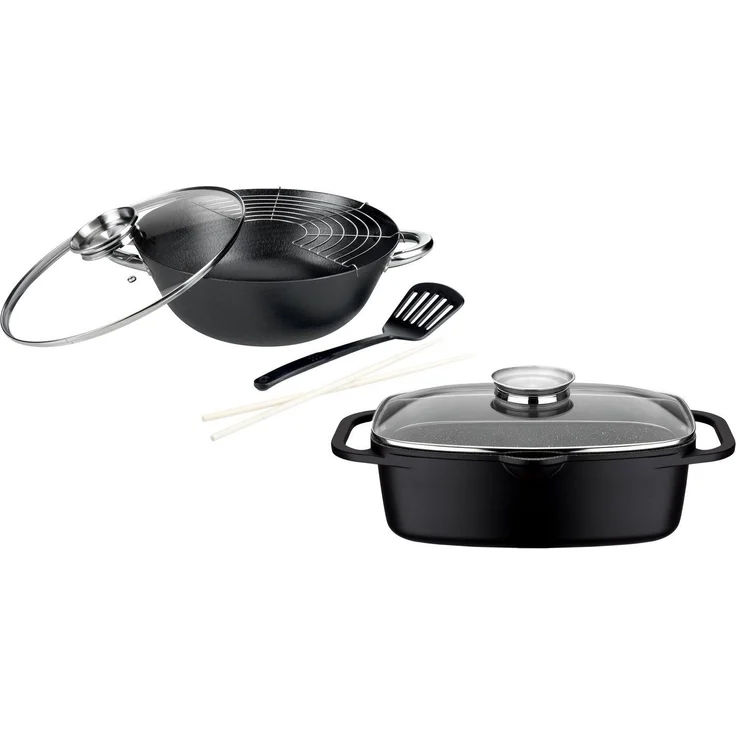 GSW Topf-Set Gourmet Granit, Gusseisen (Set, 4-tlg, 1 Bräter 32cm, 1 Wok Ø32cm, mit Deckel, Gittereinsatz, Pfannenwender), Induktion – Bild 1