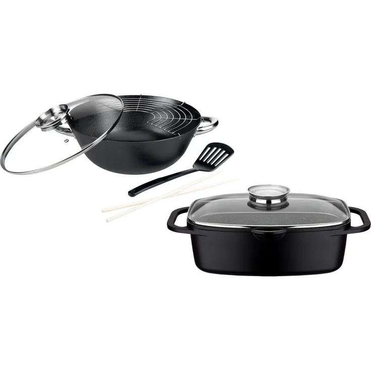 GSW Topf-Set Gourmet Granit, Gusseisen (Set, 4-tlg, 1 Bräter 32cm, 1 Wok Ø32cm, mit Deckel, Gittereinsatz, Pfannenwender), Induktion