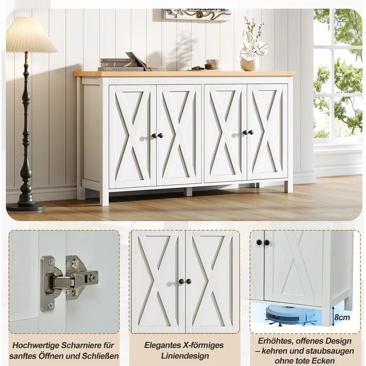 DESVIAE Sideboard mit 4 Türen und verstellbaren Einlegeböden 140x78x40 cm MDF Weiß – Bild 4