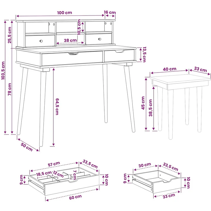 vidaXL Schminktisch-Set FAUSKE 3 Stk. Weiß 100 x 50 x 103,5 cm 3438588 – Bild 10