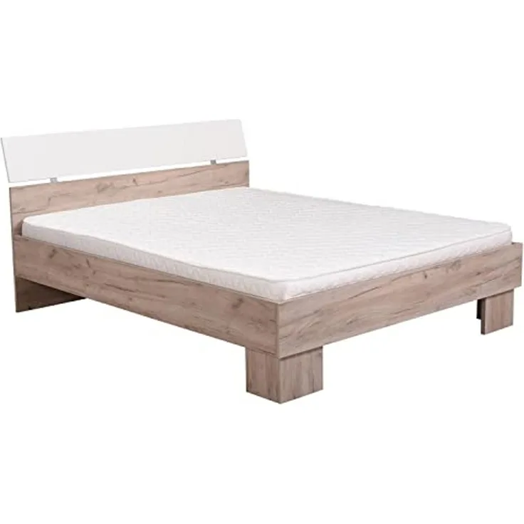 Homestyle4u Doppelbett, Bettgestell, Ehebett, Holzbett, Lattenrost, Gästebett, Eiche Grau, 160x200 cm