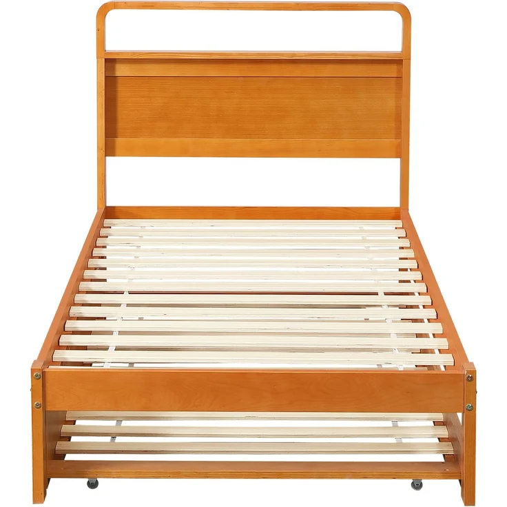 Holzbett 90x200 cm mit Ausziehbett 90x190 cm, Funktionsbett mit links/rechts montierbarem Gästebett, abgerundetem Kopfteil und platzsparendem Design – Bild 8