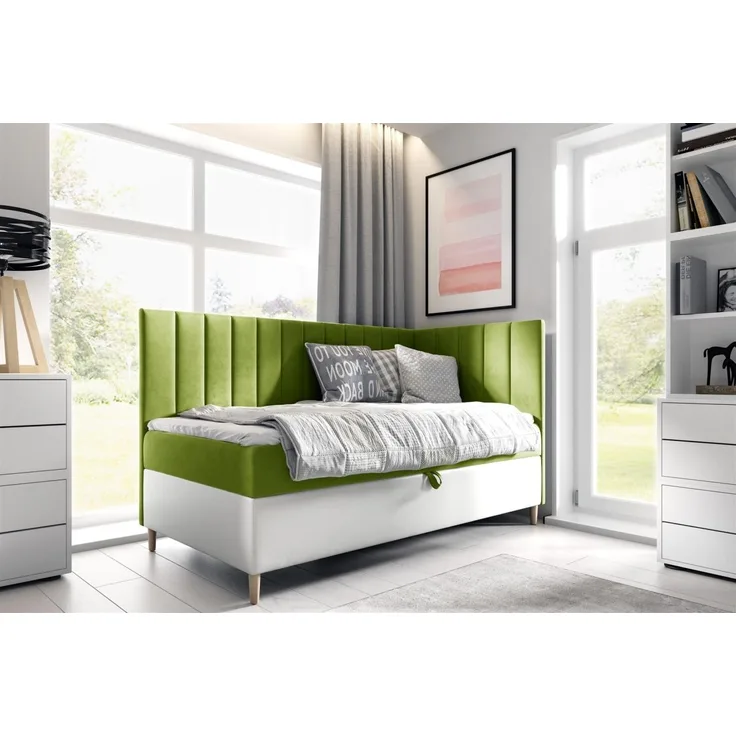 Boxspringbett Gästebett Kinderbett HELVI Nr. 3 80x200cm Weiss-Grün Seite Rechts