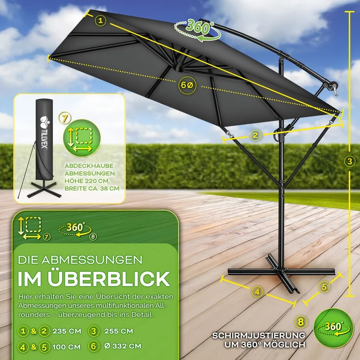 tillvex® Alu Sonnenschirm Rechteckig Ø 330 cm Anthrazit + Abdeckung mit Kurbel | Ampelschirm Eckig mit Ständer & Windschutz | Gartenschirm UV-Schutz Aluminium | Kurbelschirm Marktschirm wasserdicht 360° drehbar – Bild 4